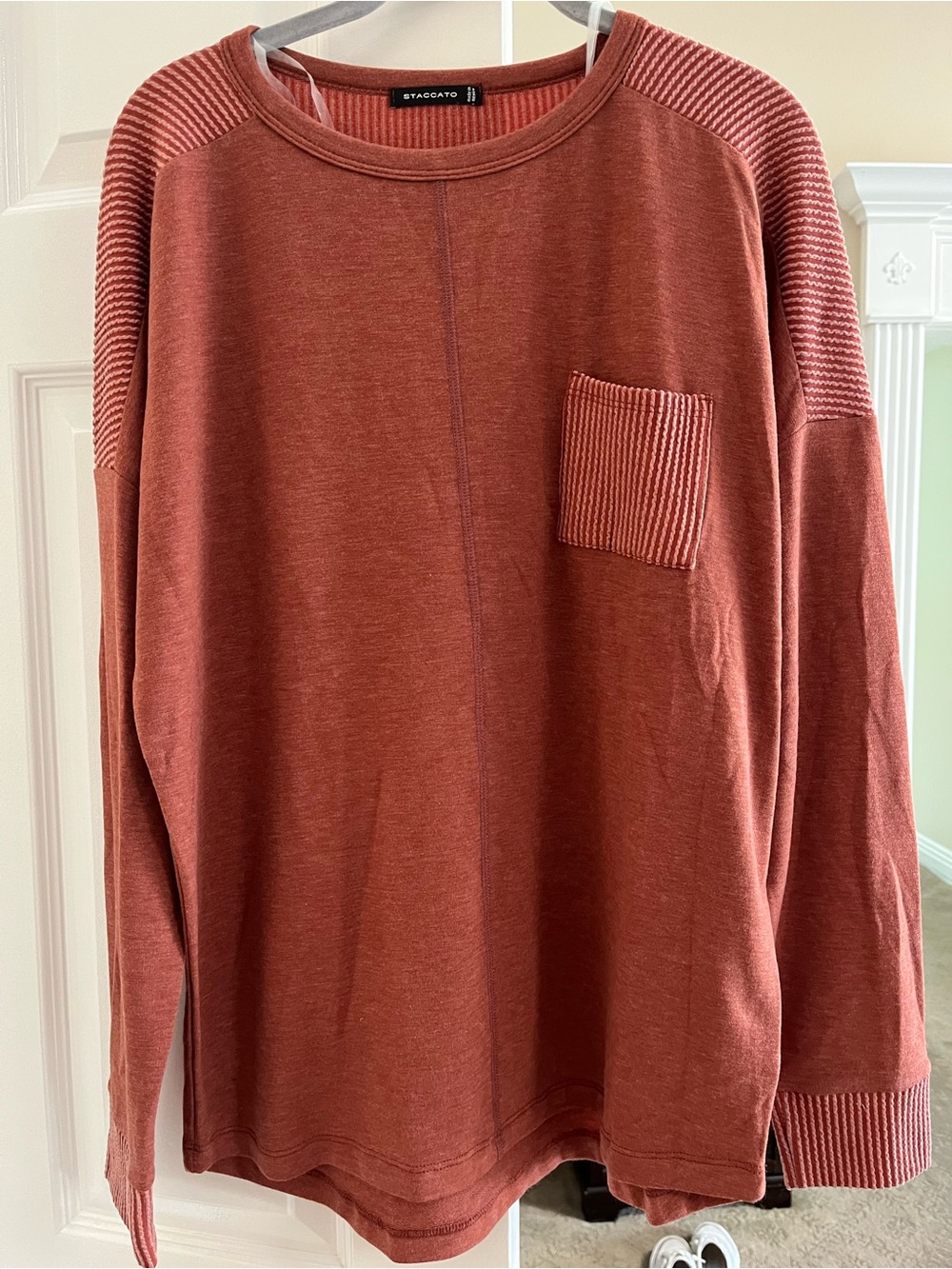 Staccato Burnt Orange Knit Top with Pocket Trim